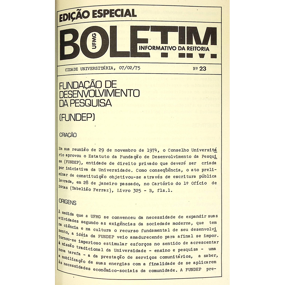 Edição especial do Boletim da UFMG sobre a criação da Fundep. Fonte: CEDECOM/UFMG.