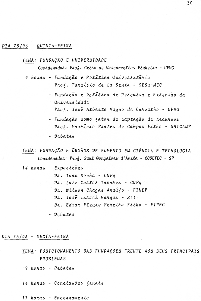 Programação do I Encontro Nacional de Fundações de Apoio de Universidades. Fonte: Acervo Fundep.